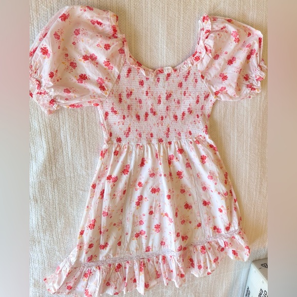 LOVESHACKFANCY Cosette White Cotton & Hot Pink Floral Smocked Ruffle Mini Dress